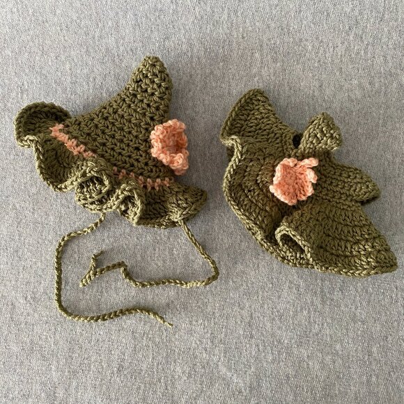 Handmade Crochet Autumn Green Peach Fairy Witch Outfit for 17cm Doll 2-Piece Set - Picture 9 of 9